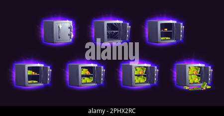 Ein Cartoon-Set von Schließfächern mit isoliertem Geld auf schwarzem Hintergrund. Vektordarstellung eines neonleuchtenden Metallgewölbes mit geschlossener, offener Tür, Spinnennetz innen, voller goldener Münzen und Bargeld. Bankschließfach Stock Vektor