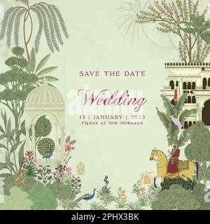 Traditionelles Mogul-Hochzeitskartendesign. Einladungskarte zum Drucken von Vektorbildern. Stock Vektor