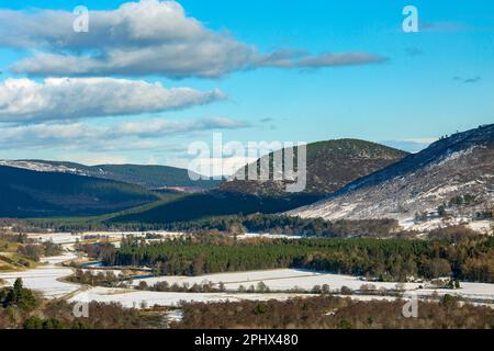 Blick aus der Vogelperspektive auf Wälder und Berge in der Nähe von Balmoral Castle, Ballater in Aberdeenshire, Schottland, Großbritannien Stockfoto