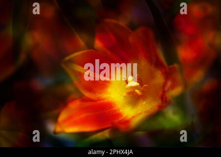 Rote orangefarbene Tulpenblüte mit Pistil und Stamm, die in einem Blumenstrauß leuchten, Kopierraum, ausgewählter Fokus, sehr geringe Schärfentiefe Stockfoto