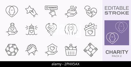 Wohltätigkeitssymbole. Sammlung von Spenden, Freiwilligen, medizinischer Hilfe, Empathie und mehr. Schwarze Vektordarstellung. Bearbeitbare Kontur. Stock Vektor