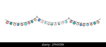 Die Girlande ist isoliert. Glühbirnen. Handgezeichnete Kinderhängelampen. Kritzelumriss zur Darstellung der festlichen Geburtstagskranz Stock Vektor