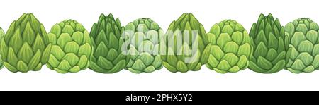 Vektornahtloser Rand handgezogener Artischocken, isoliert vom Hintergrund. Horizontaler Rahmen mit Cartoonkopf von Kohl gesundem Gemüse. Natürlich er Stock Vektor