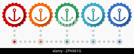 Ankervektor-Symbolsatz, farbenfrohe Infografik-Vorlage, Satz flacher Badge-Symbole in 5 Farboptionen Stock Vektor