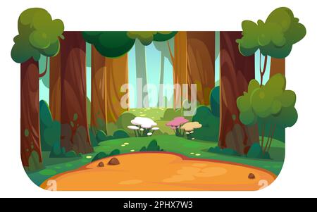 Cartoon-Sommerpark, Waldlade. Isoliert auf weißem Vektor Darstellung eines wunderschönen öffentlichen Gartens mit Fußweg zwischen Bäumen, grünem Gras, blühenden Blumen. Webbanner-Design Stock Vektor