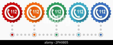 Notruf, Nummer-112-Vektor-Symbolsatz, farbenfrohe Infografik-Vorlage, Satz flacher Badge-Symbole in 5 Farboptionen Stock Vektor