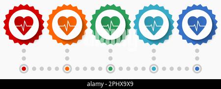 Herz, Pulsvektor-Symbolsatz, farbenfrohe Infografik-Vorlage, Satz flacher Badge-Symbole in 5 Farboptionen Stock Vektor