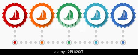 Jachtvektor-Symbolsatz, farbenfrohe Infografik-Vorlage, Satz flacher Badge-Symbole in 5 Farboptionen Stock Vektor