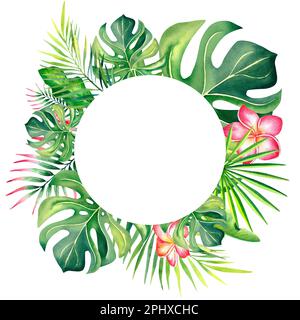 Runder Rahmen aus Palmenblättern. Plumeria. Tropische Pflanzen. Tropische Blätter. Sommerstimmung. Aquarelldarstellung. Banner Stockfoto