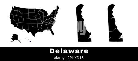 Karte des Bundesstaats Delaware, USA. Set von Karten von Delaware mit Umriss der Grenze, Landkreise und US-Bundesstaaten. Schwarzweiß-Vektordarstellung. Stock Vektor