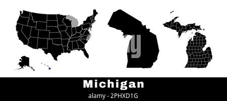 Karte des Bundesstaats Michigan, USA. Eine Reihe von Karten von Michigan mit einer Karte der Grenzen, Bezirke und US-Bundesstaaten. Schwarzweiß-Vektordarstellung. Stock Vektor