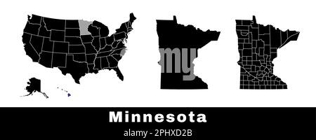 Karte des Bundesstaats Minnesota, USA. Set von Minnesota Karten mit Umriss der Grenze, Countys und US-Bundesstaaten Karte. Schwarzweiß-Vektordarstellung. Stock Vektor