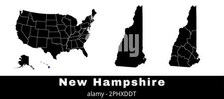 Karte des Bundesstaats New Hampshire, USA. Eine Reihe von Karten von New Hampshire mit einer Karte der Grenzen, Bezirke und US-Bundesstaaten. Schwarzweiß-Vektordarstellung. Stock Vektor