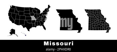 Karte des Bundesstaats Missouri, USA. Eine Reihe von Karten von Missouri mit einer Übersicht über die Grenzen, Landkreise und US-Bundesstaaten. Schwarzweiß-Vektordarstellung. Stock Vektor