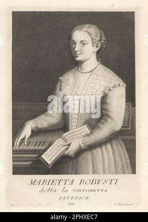 Marietta Robusti, venezianische Porträtmaler der Renaissance, 1560-1590. Sie war die Tochter von Jacopo Robusti oder Tintoretto und wurde manchmal als Tintoretta bezeichnet. Abgebildet mit Notenbuch und einem Spinet-Cembalo. Copperplate-Gravur von Pietro Antonio Pazzi nach Giovanni Domenico Campiglia nach einem Selbstportrait des Künstlers aus Francesco Moucke's Museo Florentino (Museum Florentinum), Serie di Ritratti de Pittori (Serie von Maler-Porträts) stamperia Mouckiana, Florenz, 1752-62. Stockfoto