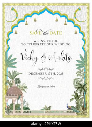 Traditionelles Mogul-Hochzeitskartendesign. Orientalischer Rahmen mit Einladungskarte für tropische Bäume zum Drucken von Vektorbildern. Stock Vektor