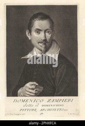 Domenico Zampieri, italienischer barocker Maler und Architekt der Bolognesischen Schule, 1581-1641. Domenico Zampieri detto il Domenichino. Pittore, Architetto. Copperplate-Gravur von Pietro Antonio Pazzi nach Giovanni Domenico Campiglia nach einem Selbstportrait des Künstlers aus Francesco Moucke's Museo Florentino (Museum Florentinum), Serie di Ritratti de Pittori (Serie von Maler-Porträts) stamperia Mouckiana, Florenz, 1752-62. Stockfoto