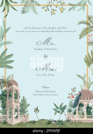 Mogul-Garten Einladungskarte für die Hochzeit. Tropische Bäume, Blumen, Pfau, Vogelelemente für Einladungskarten. Stock Vektor