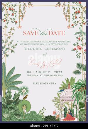 Traditionelles Mogul-Hochzeitskartendesign. Bewahren Sie die Einladungskarte für das Datum auf, um eine Vektorabbildung zu drucken. Stock Vektor