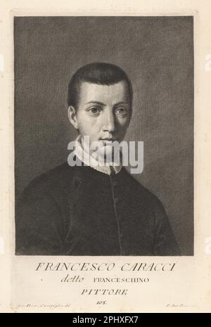 Francesco Carracci, italienischer Maler und Gravierer, 1595-1622. Neffe des berühmten Agostino Carracci. Francesco Caracci Detto Franceschino, Pittore. Copperplate-Gravur von Pietro Antonio Pazzi nach Giovanni Domenico Campiglia nach einem Selbstportrait des Künstlers aus Francesco Moucke's Museo Florentino (Museum Florentinum), Serie di Ritratti de Pittori (Serie von Maler-Porträts) stamperia Mouckiana, Florenz, 1752-62. Stockfoto