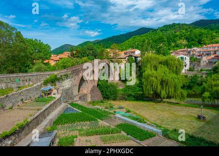 Pont vell im spanischen Dorf Sant Joan de les Abadesses. Stockfoto