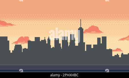 Pixel Art City Landschaft bei Sonnenuntergang. Morgenstadtlandschaft mit bewölktem Himmel für 8bit Spiel. Vektorhintergrund Stock Vektor