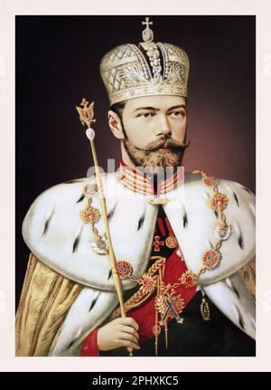 Porträt von Nicholas II. Von Russland in seinem Krönungsgewand mit Kaiserkrone und Zepter, gemalt 1896 von Aleksandr Makovsky. Stockfoto