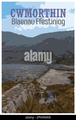 Nostalgisches Retro-Reiseposter von Cwmorthin Terrace und Rhosydd Slate Quarry, Blaenau Ffestiniog, Wales, UK, in der Art of Work Projects Administr Stock Vektor