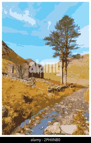 Nostalgisches Retro-Reiseposter von Cwmorthin Terrace und Rhosydd Slate Quarry, Blaenau Ffestiniog, Wales, UK, in der Art of Work Projects Administr Stock Vektor