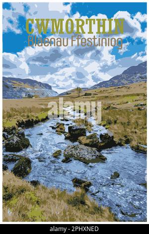 Nostalgisches Retro-Reiseposter von Cwmorthin Terrace und Rhosydd Slate Quarry, Blaenau Ffestiniog, Wales, UK, in der Art of Work Projects Administr Stock Vektor