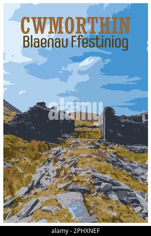 Nostalgisches Retro-Reiseposter von Cwmorthin Terrace und Rhosydd Slate Quarry, Blaenau Ffestiniog, Wales, UK, in der Art of Work Projects Administr Stock Vektor