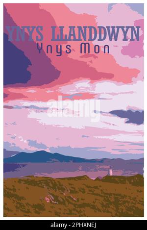 Nostalgisches Retro-Reiseposter des Leuchtturms von Llanddwyn, Anglesey, Wales im Stil von Work Projects Administration. Stock Vektor