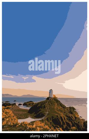 Nostalgisches Retro-Reiseposter des Leuchtturms von Llanddwyn, Anglesey, Wales im Stil von Work Projects Administration. Stock Vektor