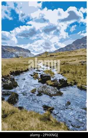 Nostalgisches Retro-Reiseposter von Cwmorthin Terrace und Rhosydd Slate Quarry, Blaenau Ffestiniog, Wales, UK, in der Art of Work Projects Administr Stock Vektor