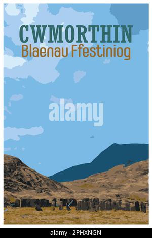 Nostalgisches Retro-Reiseposter von Cwmorthin Terrace und Rhosydd Slate Quarry, Blaenau Ffestiniog, Wales, UK, in der Art of Work Projects Administr Stock Vektor