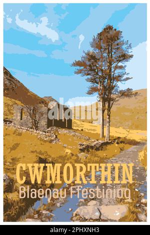 Nostalgisches Retro-Reiseposter von Cwmorthin Terrace und Rhosydd Slate Quarry, Blaenau Ffestiniog, Wales, UK, in der Art of Work Projects Administr Stock Vektor