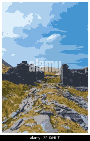 Nostalgisches Retro-Reiseposter von Cwmorthin Terrace und Rhosydd Slate Quarry, Blaenau Ffestiniog, Wales, UK, in der Art of Work Projects Administr Stock Vektor