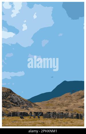 Nostalgisches Retro-Reiseposter von Cwmorthin Terrace und Rhosydd Slate Quarry, Blaenau Ffestiniog, Wales, UK, in der Art of Work Projects Administr Stock Vektor