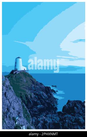 Nostalgisches Retro-Reiseposter des Leuchtturms von Llanddwyn, Anglesey, Wales im Stil von Work Projects Administration. Stock Vektor