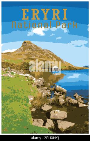 Nostalgisches Retro-Poster. Im Herbst im Snowdonia-Nationalpark, Dolgellau, Wales, Großbritannien, waren der Berg und der See Cregennan gepardet. Stock Vektor