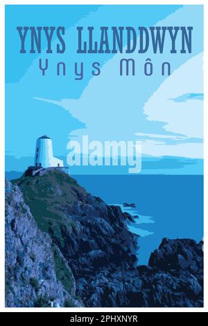 Nostalgisches Retro-Reiseposter des Leuchtturms von Llanddwyn, Anglesey, Wales im Stil von Work Projects Administration. Stock Vektor