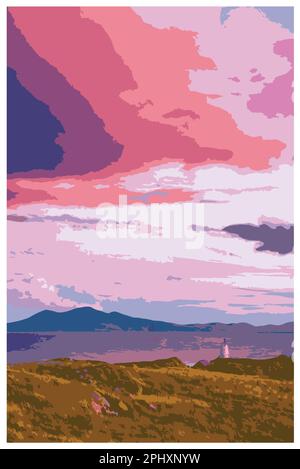 Nostalgisches Retro-Reiseposter des Leuchtturms von Llanddwyn, Anglesey, Wales im Stil von Work Projects Administration. Stock Vektor