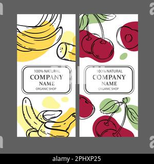 ETIKETTENVORLAGEN FÜR KIRSCHEN UND BANANEN Design von Aufklebern für Shop of Tropical Organic Natural Fresh Juicy Fruits and Dessert Drinks in Vintage Vector Coll Stock Vektor