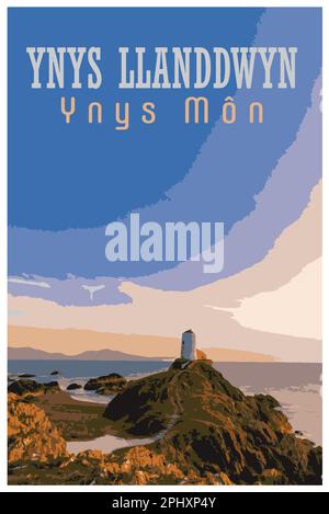 Nostalgisches Retro-Reiseposter des Leuchtturms von Llanddwyn, Anglesey, Wales im Stil von Work Projects Administration. Stock Vektor