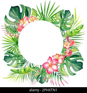 Runder Rahmen aus Palmenblättern. Plumeria. Tropische Pflanzen. Tropische Blätter. Sommerstimmung. Aquarelldarstellung. Banner Stockfoto