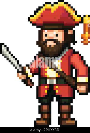 8bit-Pixel-Kunst eines Piratencharakters, der ein Schwert hält Stock Vektor