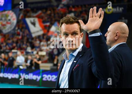 Kedzierzyn Kozle, Polen. 29. März 2023. Tuomas Sammelvuo während des Volleyball CEV Men Champions League 2023-Spiels zwischen Grupa Azoty ZAKSA Kedzierzyn-Kozle und Sir Sicoma Monini Perugia am 29. März 2023 in Kedzierzyn-Kozle, Polen. (Foto: Lukasz Laskowski/PressFocus/Sipa USA) Guthaben: SIPA USA/Alamy Live News Stockfoto