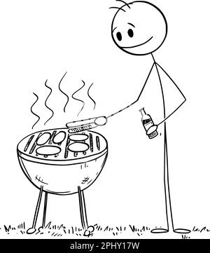 Eine Person, die Bier auf dem Grill kocht, eine Vektor-Cartoon-Strichfigur oder eine Figur. Stock Vektor