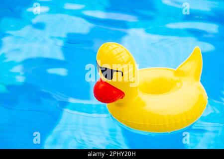 Im Pool schwimmender aufblasbarer Entenring. Gelbe Plastikente mit Sonnenbrille Stockfoto