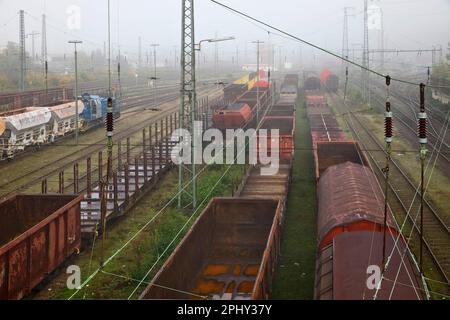 Schaltanlage im Morgennebel, Fracht; Züge in Hagen-Vorhalle, Deutschland, Nordrhein-Westfalen, Ruhrgebiet, Hagen Stockfoto